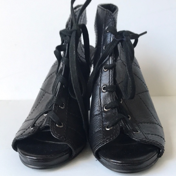 Fossil Peep Toe Leather Slingback Wedge US8 Black - Picture 3 of 8